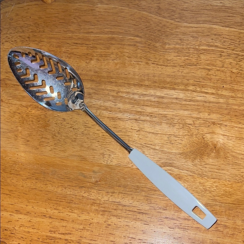 Ekco Vintage Slotted Spoon White Handle Chromium Plated Made in USA